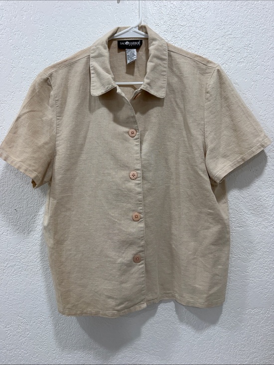 Sag Harbor Tops - Sag Harbor Beige Short-Sleeve Linen Blend Button Front Shirt Medium